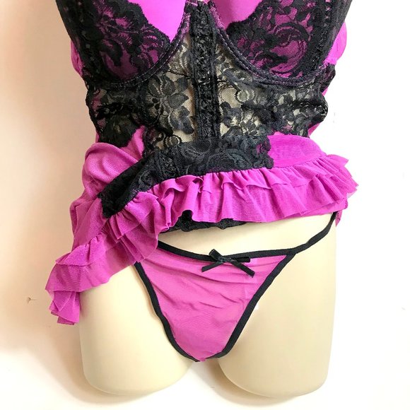 Jessica McClintock Hot Pink and Black Two Piece Lingerie Set - Picture 1 of 7